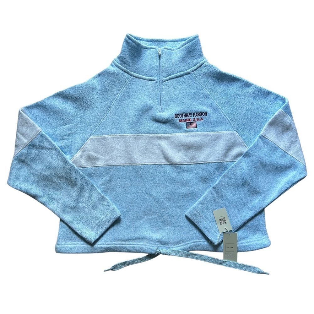 Relaxx Ice Blue Quarter-Zip Fleece Crop Sweatshirt Tie Waist Top NWT Medium